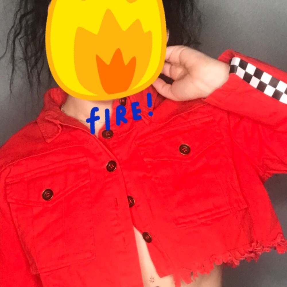 Red denim crop jacket